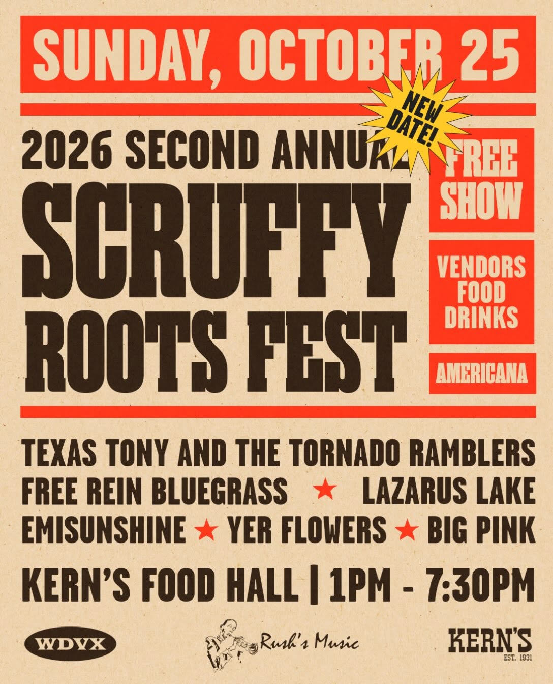 Scruffy Roots Fest at Kerns Food Hall, October 25, 2026, 1&ndash;7:30 PM