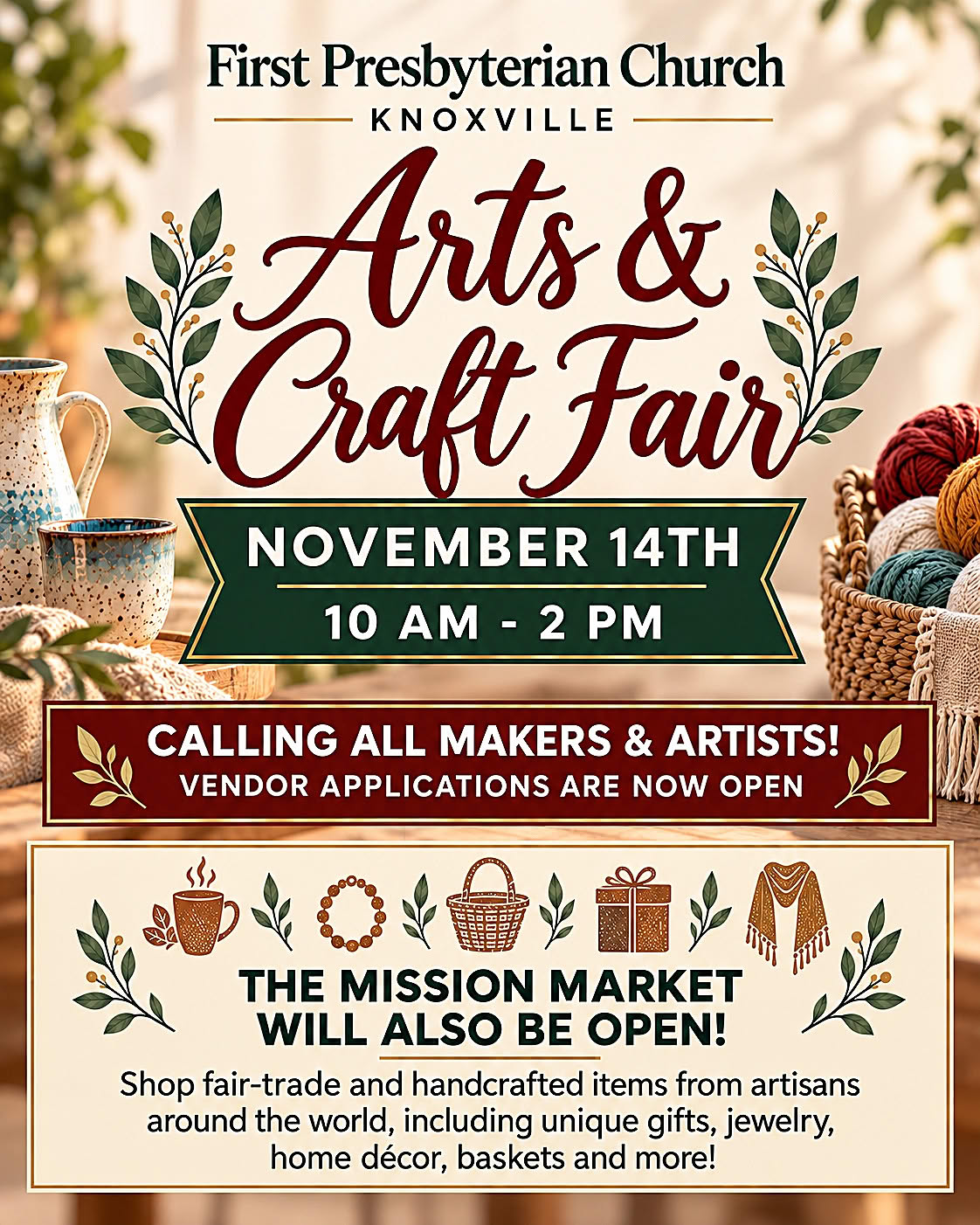 First Presbyterian Church Knoxville Arts and Craft Fair, November 14, 10 AM to 2 PM