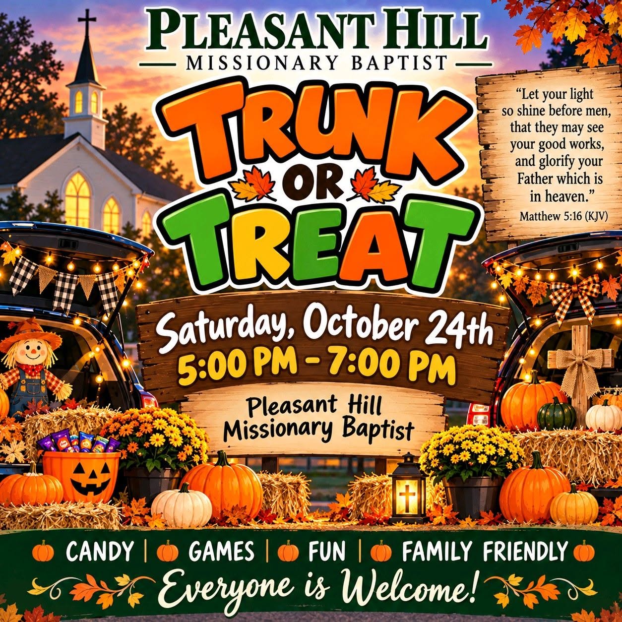 Pleasant Hill Missionary Baptist Trunk or Treat, October 24, 5 to 7 PM
