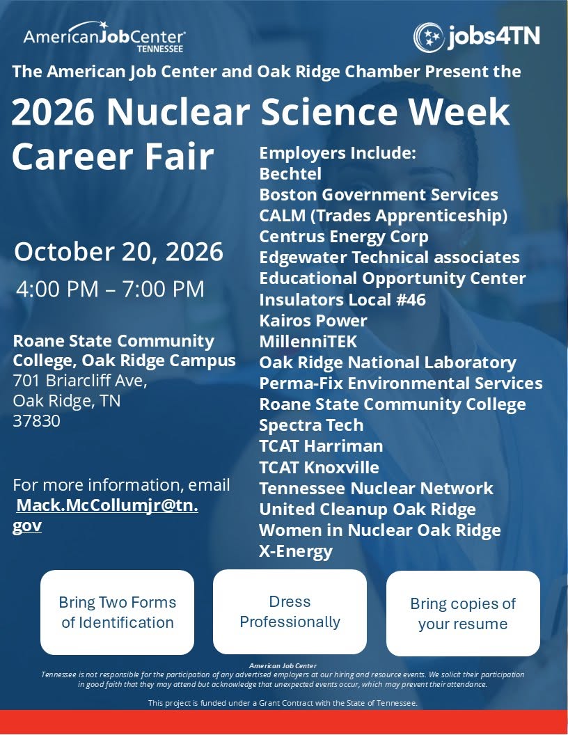 2026 Nuclear Science Week Career Fair, October 20, 4 to 7 PM, Oak Ridge