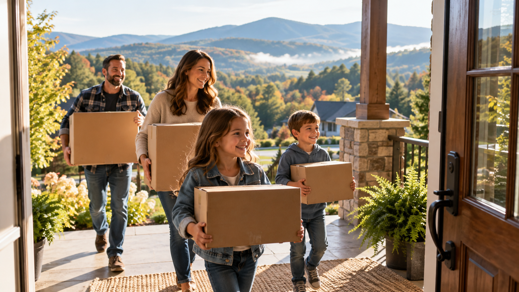 Family moving into a new home with mountain views, representing new beginnings and home in East Tennessee