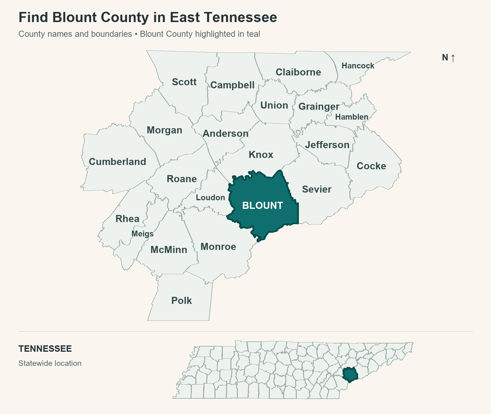 East Tennessee county map with surrounding counties labeled and Blount County highlighted in teal, plus a statewide Tennessee inset
