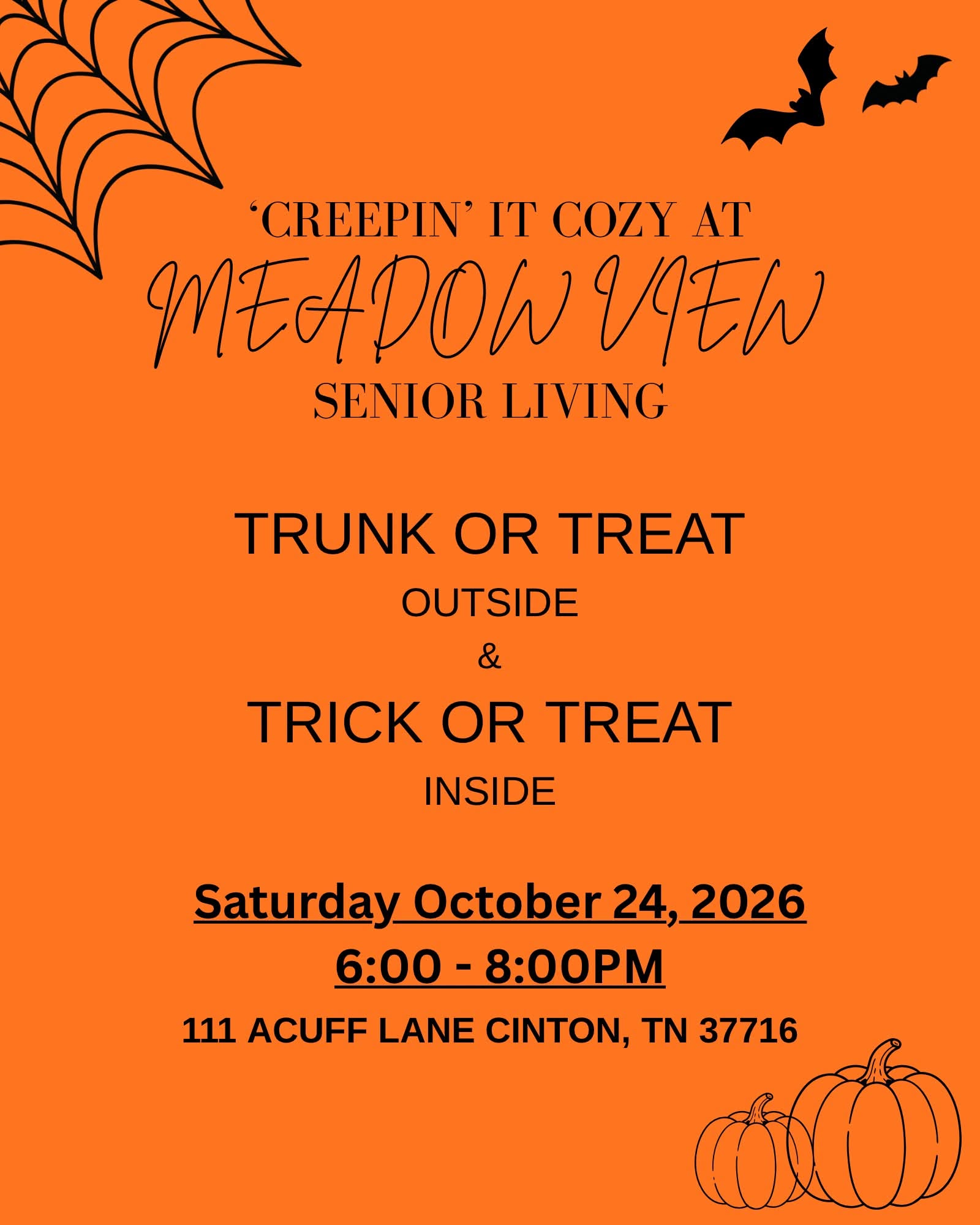Meadow View Senior Living Trunk or Treat and Trick or Treat, October 24, 2026, 6 to 8 PM, Clinton