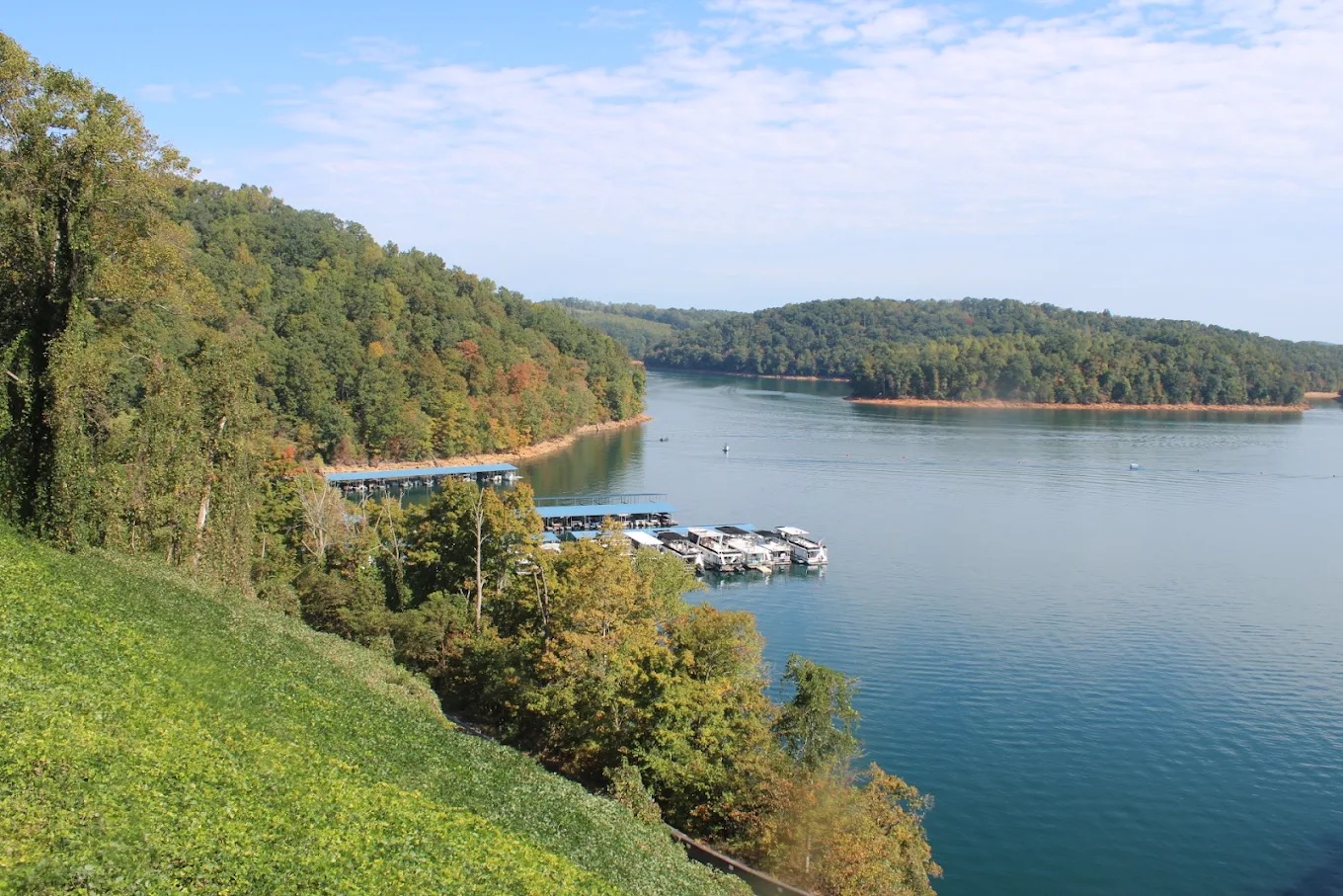 Norris Lake shoreline and marina surrounded by wooded hills