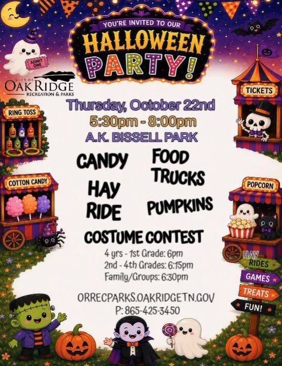 Oak Ridge Halloween Party flyer for October 22