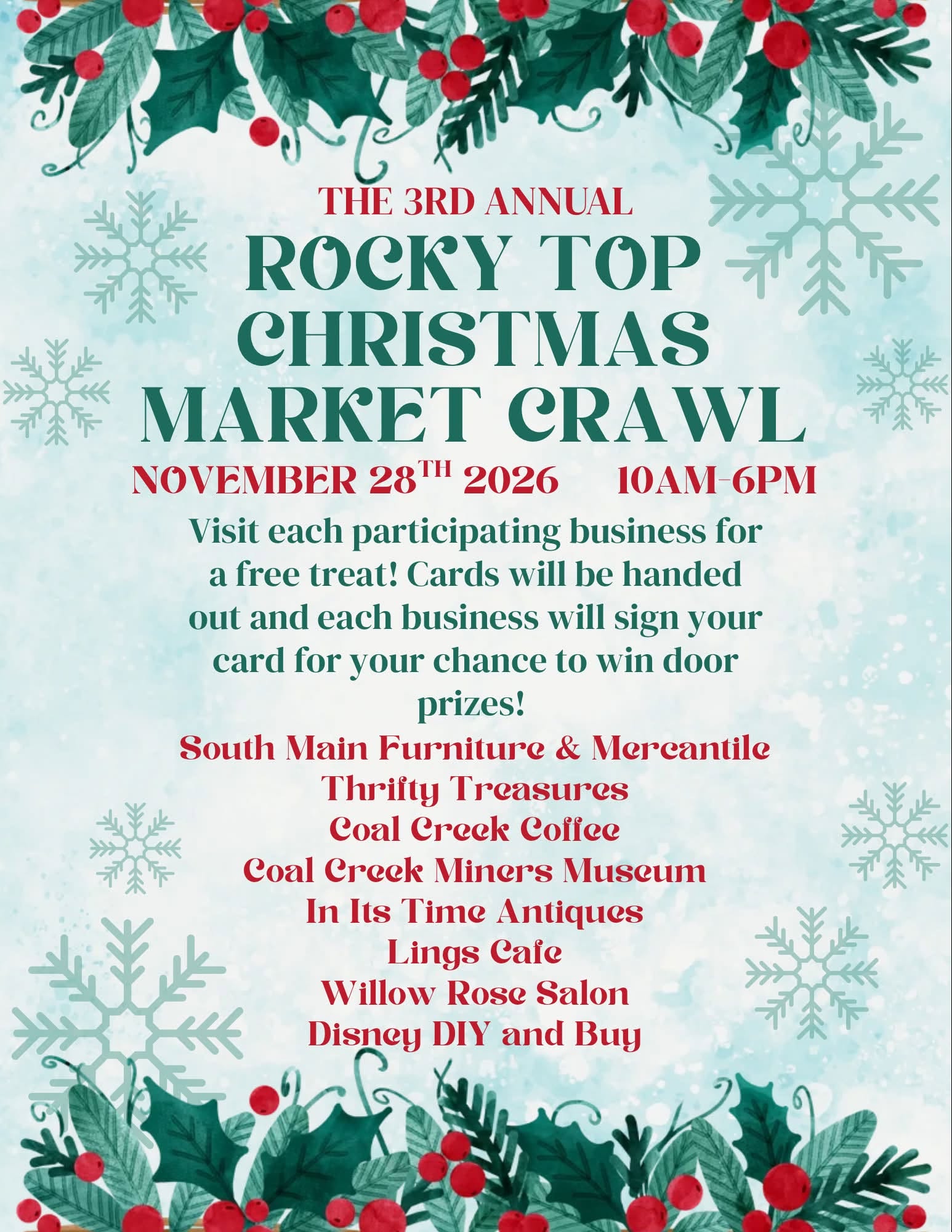 Rocky Top Christmas Market Crawl flyer for November 28